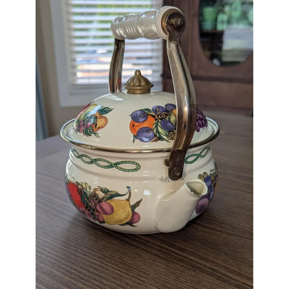 Vintage Lincoln Ware Style Enamel Tea Kettle Fruit Pattern Farmhouse Decor